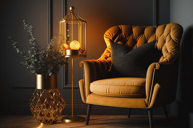 a warm and inviting atmosphere in a living room with a gold armchair against a dark white wall backg