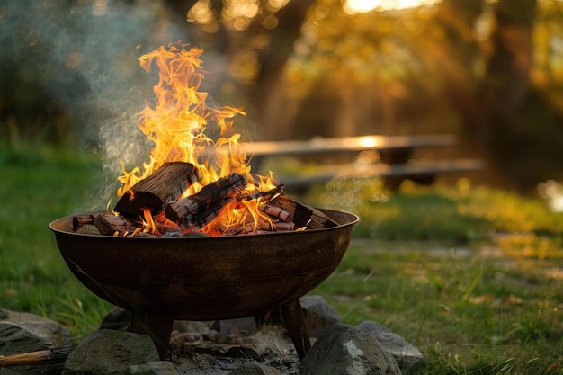 Photo warm inviting campfire burning in a metal bowl at sunset with nature in the background