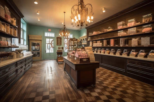 Warm and inviting candy shop with wooden floors light fixtures and vintage accents