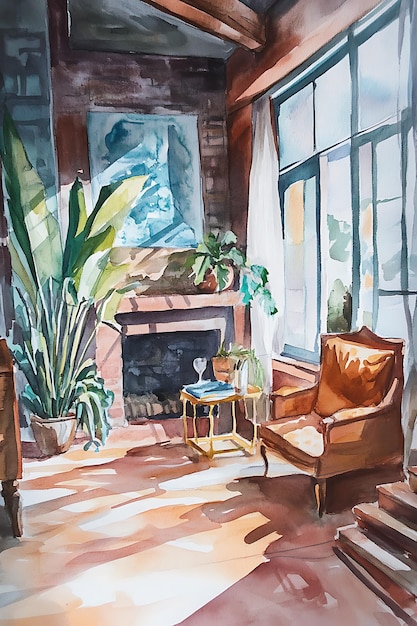 Photo warm and inviting cozy house interior watercolor art