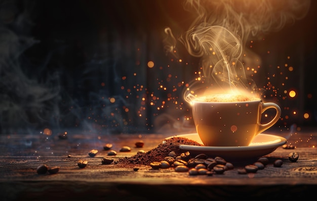 A warm inviting cup of coffee emits steam on a rustic wooden table amidst scattered coffee beans with a bokeh light backdrop