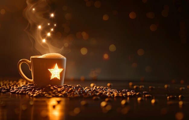 A warm inviting cup of coffee emits steam on a rustic wooden table amidst scattered coffee beans with a bokeh light backdrop