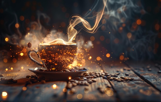 A warm inviting cup of coffee emits steam on a rustic wooden table amidst scattered coffee beans with a bokeh light backdrop