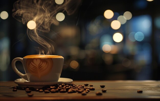 A warm inviting cup of coffee emits steam on a rustic wooden table amidst scattered coffee beans with a bokeh light backdrop