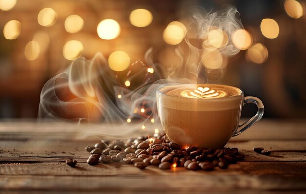 A warm inviting cup of coffee emits steam on a rustic wooden table amidst scattered coffee beans with a bokeh light backdrop