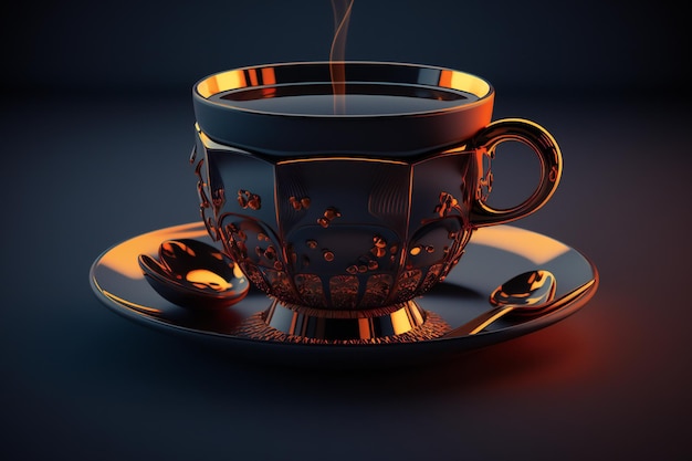 A warm and inviting cup of coffee set against a stunning goldenblack background creating a visually striking composition