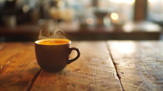 Warm inviting image of a steaming coffee cup placed on an aged wooden table in a cozy setting with soft light