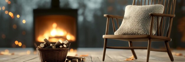 A warm and inviting interior scene featuring a fireplace with burning logs and a comfortable ro