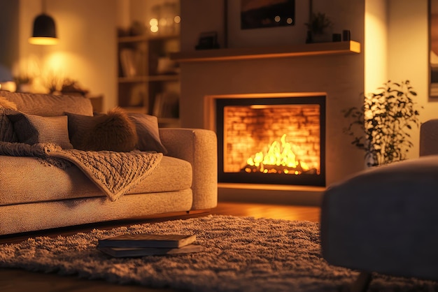 A Warm and Inviting Living Room Imagined in a Cozy 3D Render Complete with a Beautiful Fireplace and Soft Textures