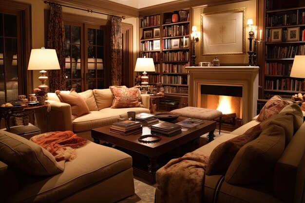 Warm and inviting living room with plush seating candles and books created with generative ai