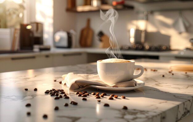 A warm inviting photo capturing a steaming cup of coffee surrounded by scattered coffee beans on a kitchen counter during golden hour