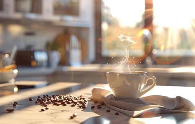 A warm inviting photo capturing a steaming cup of coffee surrounded by scattered coffee beans on a kitchen counter during golden hour