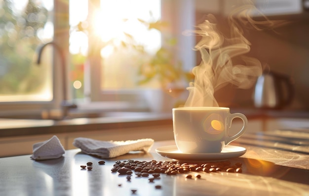 A warm inviting photo capturing a steaming cup of coffee surrounded by scattered coffee beans on a kitchen counter during golden hour