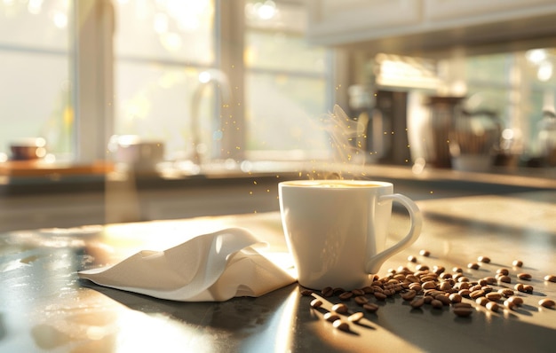 A warm inviting photo capturing a steaming cup of coffee surrounded by scattered coffee beans on a kitchen counter during golden hour