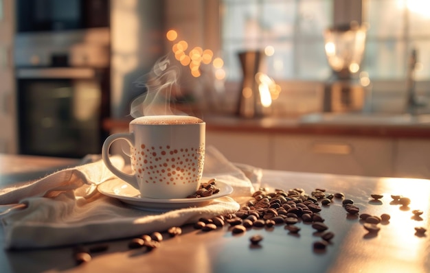 A warm inviting photo capturing a steaming cup of coffee surrounded by scattered coffee beans on a kitchen counter during golden hour