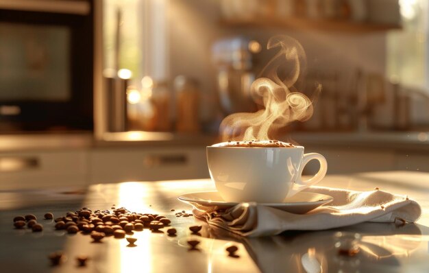 A warm inviting photo capturing a steaming cup of coffee surrounded by scattered coffee beans on a kitchen counter during golden hour