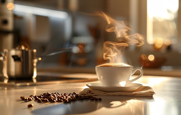 A warm inviting photo capturing a steaming cup of coffee surrounded by scattered coffee beans on a kitchen counter during golden hour