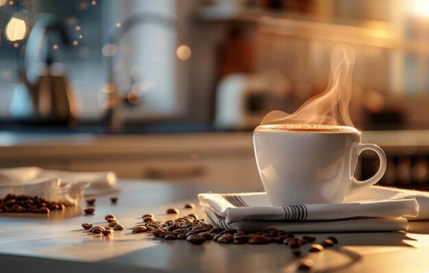 A warm inviting photo capturing a steaming cup of coffee surrounded by scattered coffee beans on a kitchen counter during golden hour