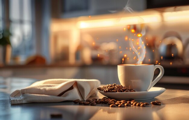 A warm inviting photo capturing a steaming cup of coffee surrounded by scattered coffee beans on a kitchen counter during golden hour