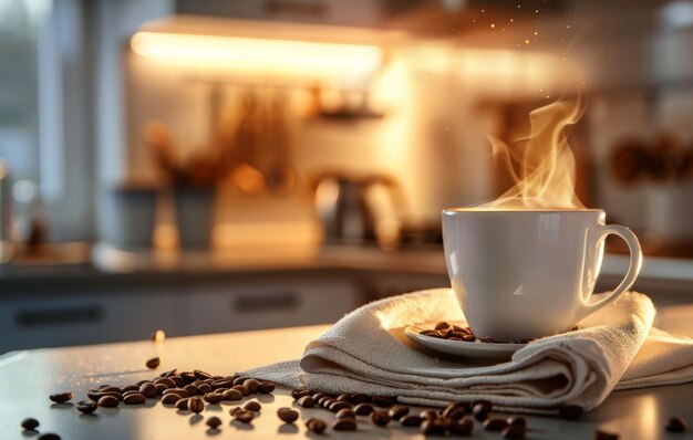 A warm inviting photo capturing a steaming cup of coffee surrounded by scattered coffee beans on a kitchen counter during golden hour