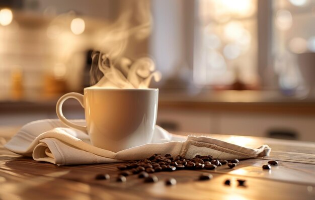 A warm inviting photo capturing a steaming cup of coffee surrounded by scattered coffee beans on a kitchen counter during golden hour