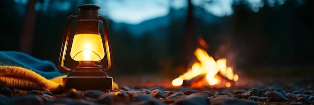 Photo a warm and inviting scene of a campfire glowing in the darkness with a lantern casting a soft