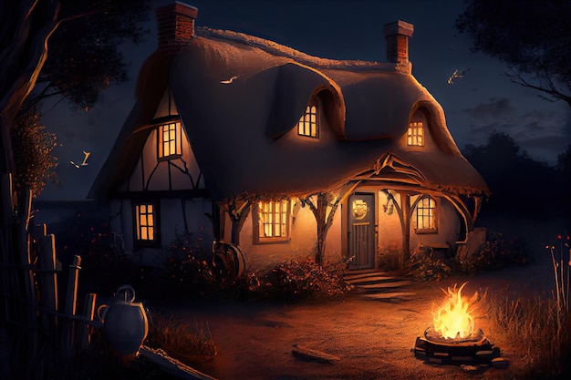 Warm and inviting thatched house with fire burning in the hearth and lanterns lighting the way