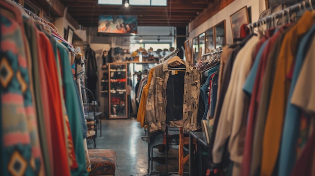 Warm and inviting view of a vintage clothing store with racks of retro garments