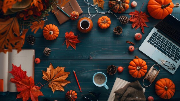 Photo a warm and inviting workspace with a laptop fall leaves pumpkins and other seasonal decorati