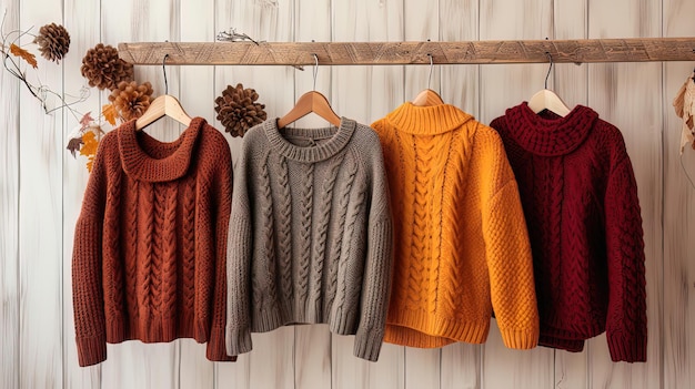 Warm knitted autumn sweaters on a hanger Generative AI