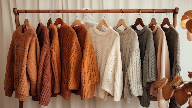 Warm knitted autumn sweaters on a hanger Generative AI