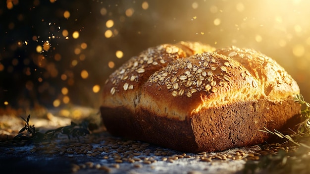 Warm Light Freshly Baked Bread Loaf with Assorted Seeds Table Setting