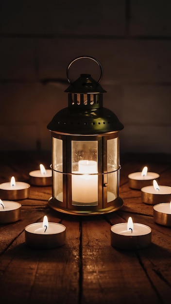 Warm light spills from a lantern casting a soft glow on the surrounding tealights