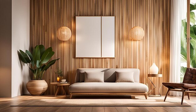 Warm light wooden wall living room background with tropical ornament and fireplace