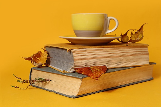 Warm memories of a bygone autumn a stack of books with bookmarks from dry leaves a yellow cup of tea on it a yellow background