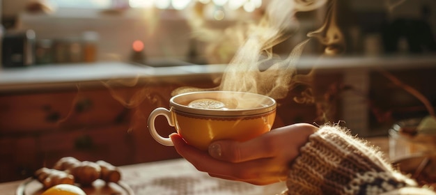 Warm Morning with Lemon Ginger Tea in Cozy Kitchen Setting Ideal for Print Card Poster