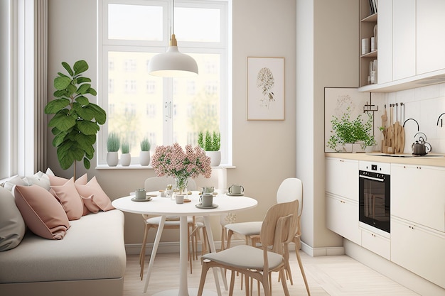 Warm pastel white and beige colors are used in the interior design of the spacious cheerful studio apartment in the Scandinavian style Modern touches in the kitchen and fashionable furniture in the