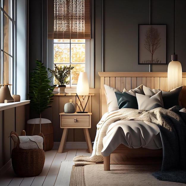 Warm pastel white and beige colors are used in the interior design of the spacious cheerful studio apartment in the Scandinavian styleGenerative ai