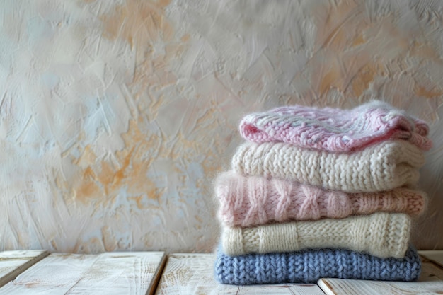 Warm pastel wool sweaters stacked against textured beige wall