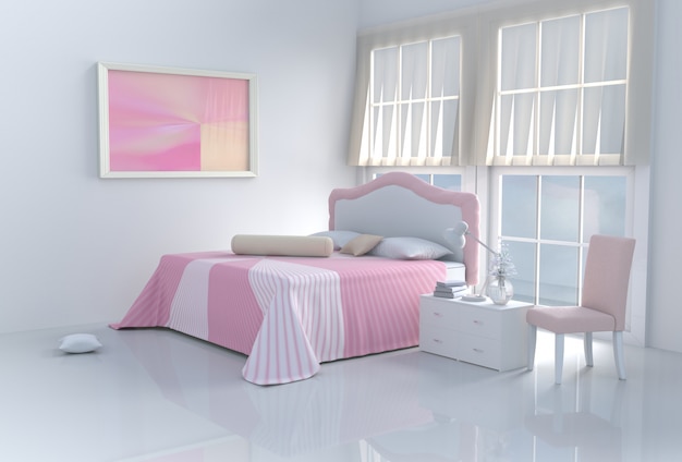 Warm pink bed room on happy day. 3d render.