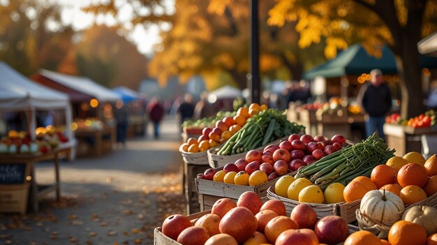 Photo a warm rustic autumn market setting with colorful produce stands offering fresh fruits vegetables an