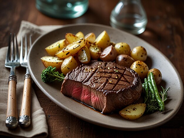 Photo a warm rustic setting showcasing a welldone steak with golden homemade potatoes