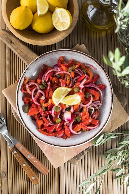 Warm salad or vegetable stew made from red beans and roasted red bell peppers Vegan food Thanksgiving Day