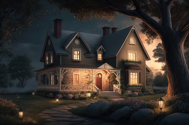 Warm scheme with cozy country cottage exterior of a classic house at night