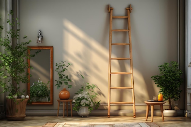 Warm sunlight bathing a cozy corner with wooden ladder and plants