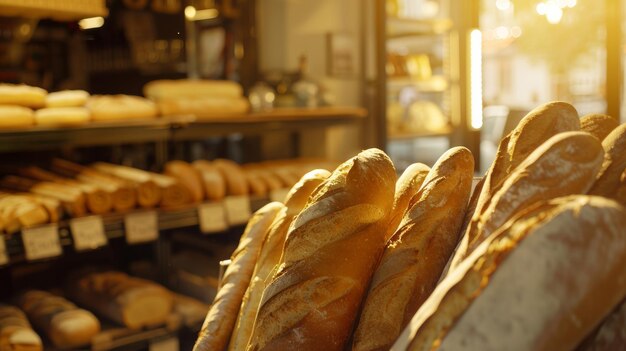 Warm sunlight caresses a stack of crusty baguettes in a cozy bakery setting