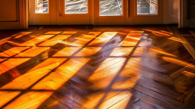 Photo warm sunlight casting shadows on polished wooden floor interior