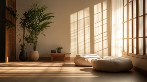 Photo warm sunlight casts gentle shadows illuminating a serene space with cushions and greenery