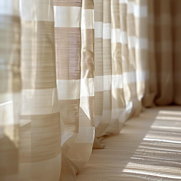 The warm sunlight filters through elegant beige striped curtains casting soft shadows in a peaceful room setting