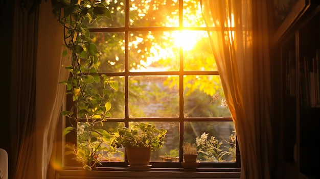 Photo warm sunlight filters through a window casting a golden glow on potted plants creating a cozy inviti